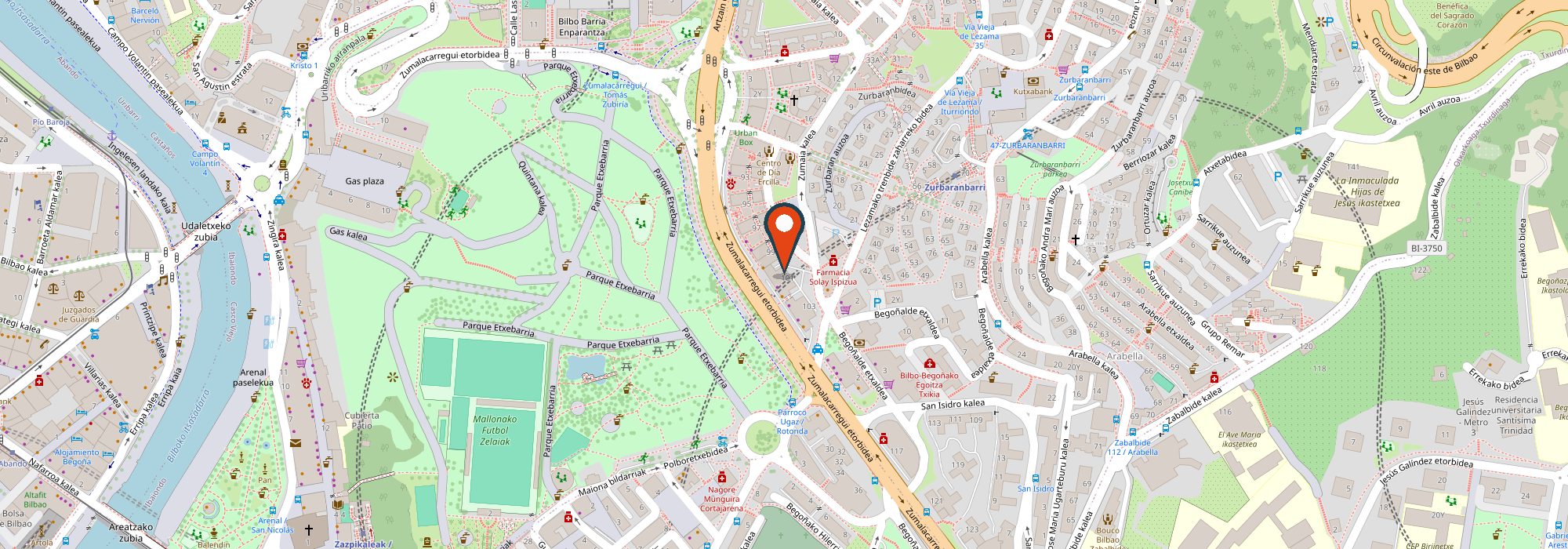 Mapa de la zona de Begoña: el txoko, marcado en la avenida Zumalacarregui, justo enfrente del parque de Etxebarria